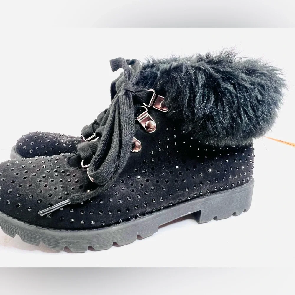 Justice Girls Size 3 Black Combat Boots Faux Fur Rhinestone Studded